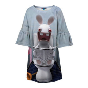 Детское платье 3D с принтом Кролик с газетой в Белгороде, 100% полиэстер | прямой силуэт, чуть расширенный к низу. Круглая горловина, на рукавах — воланы | rabbids | вантуз | горшок | зайцы засранцы | заяц | туалет