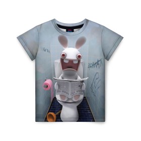 Детская футболка 3D с принтом Кролик с газетой в Белгороде, 100% гипоаллергенный полиэфир | прямой крой, круглый вырез горловины, длина до линии бедер, чуть спущенное плечо, ткань немного тянется | Тематика изображения на принте: rabbids | вантуз | горшок | зайцы засранцы | заяц | туалет