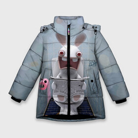Зимняя куртка для девочек 3D с принтом Кролик с газетой в Белгороде, ткань верха — 100% полиэстер; подклад — 100% полиэстер, утеплитель — 100% полиэстер. | длина ниже бедра, удлиненная спинка, воротник стойка и отстегивающийся капюшон. Есть боковые карманы с листочкой на кнопках, утяжки по низу изделия и внутренний карман на молнии. 

Предусмотрены светоотражающий принт на спинке, радужный светоотражающий элемент на пуллере молнии и на резинке для утяжки. | Тематика изображения на принте: rabbids | вантуз | горшок | зайцы засранцы | заяц | туалет