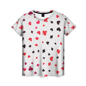 Женская футболка 3D с принтом Карточные масти в Белгороде, 100% полиэфир ( синтетическое хлопкоподобное полотно) | прямой крой, круглый вырез горловины, длина до линии бедер | бубны | казино | карты | крести | пики | покер | туз | червы