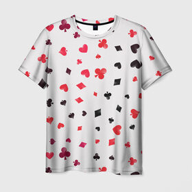 Мужская футболка 3D с принтом Карточные масти в Белгороде, 100% полиэфир | прямой крой, круглый вырез горловины, длина до линии бедер | бубны | казино | карты | крести | пики | покер | туз | червы