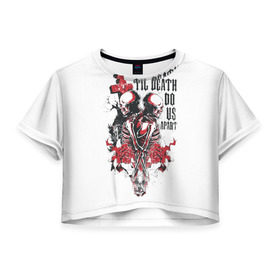 Женская футболка 3D укороченная с принтом Охрана дьявола в Белгороде, 100% полиэстер | круглая горловина, длина футболки до линии талии, рукава с отворотами | ад | дьявол | мотоцикл | огонь | пламя | череп | черный