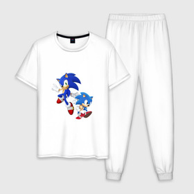Мужская пижама хлопок с принтом Sonic (Соник) в Белгороде, 100% хлопок | брюки и футболка прямого кроя, без карманов, на брюках мягкая резинка на поясе и по низу штанин
 | retro | sega | sonic