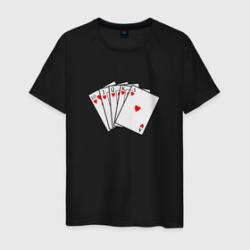 Мужская футболка хлопок с принтом Флэш Рояль в Белгороде, 100% хлопок | прямой крой, круглый вырез горловины, длина до линии бедер, слегка спущенное плечо. | Тематика изображения на принте: казино | карты | покер | туз | червы