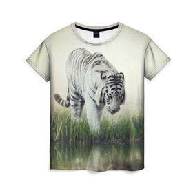 Женская футболка 3D с принтом Белый тигр в Белгороде, 100% полиэфир ( синтетическое хлопкоподобное полотно) | прямой крой, круглый вырез горловины, длина до линии бедер | дикая кошка | природа | тигр | хищник