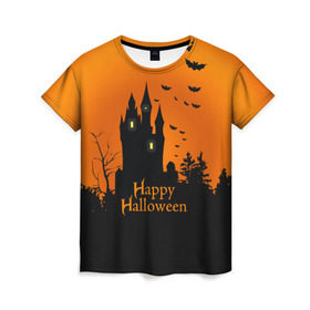 Женская футболка 3D с принтом Halloween в Белгороде, 100% полиэфир ( синтетическое хлопкоподобное полотно) | прямой крой, круглый вырез горловины, длина до линии бедер | cat | dark | halloween | вамп | вампир | ведьма | готика | кот | кошка | магия | ночь | тыква | хэллоуин