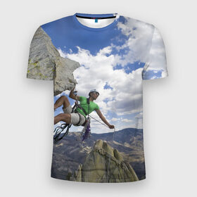 Мужская футболка 3D спортивная с принтом На пике славы в Белгороде, 100% полиэстер с улучшенными характеристиками | приталенный силуэт, круглая горловина, широкие плечи, сужается к линии бедра | альпинист | горы | дерево | новинки | природа