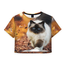Женская футболка 3D укороченная с принтом Котик в листьях в Белгороде, 100% полиэстер | круглая горловина, длина футболки до линии талии, рукава с отворотами | грация | кот | котик | кошка | листья | осень