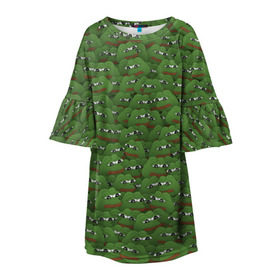Детское платье 3D с принтом Грустные лягушки в Белгороде, 100% полиэстер | прямой силуэт, чуть расширенный к низу. Круглая горловина, на рукавах — воланы | Тематика изображения на принте: frog | mem | sad | мем