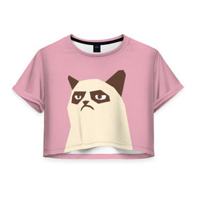 Женская футболка 3D укороченная с принтом Grumpy cat pink в Белгороде, 100% полиэстер | круглая горловина, длина футболки до линии талии, рукава с отворотами | кот | мем | угрюмый
