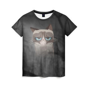 Женская футболка 3D с принтом Grumpy Cat в Белгороде, 100% полиэфир ( синтетическое хлопкоподобное полотно) | прямой крой, круглый вырез горловины, длина до линии бедер | кот | мем | угрюмый