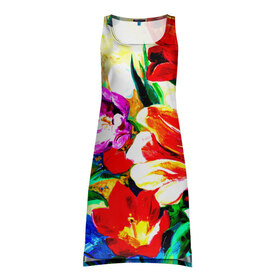 Платье-майка 3D с принтом Тюльпаны в Белгороде, 100% полиэстер | полуприлегающий силуэт, широкие бретели, круглый вырез горловины, удлиненный подол сзади. | букет | цветы | яркие