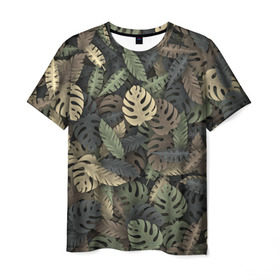 Мужская футболка 3D с принтом Тропический камуфляж в Белгороде, 100% полиэфир | прямой крой, круглый вырез горловины, длина до линии бедер | джунгли | камуфляж | листья | милитари | монстера | пальма | природа