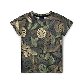 Детская футболка 3D с принтом Тропический камуфляж в Белгороде, 100% гипоаллергенный полиэфир | прямой крой, круглый вырез горловины, длина до линии бедер, чуть спущенное плечо, ткань немного тянется | джунгли | камуфляж | листья | милитари | монстера | пальма | природа