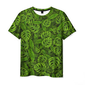 Мужская футболка 3D с принтом Тропические листья в Белгороде, 100% полиэфир | прямой крой, круглый вырез горловины, длина до линии бедер | Тематика изображения на принте: джунгли | монстера | пальма | растения | тропики
