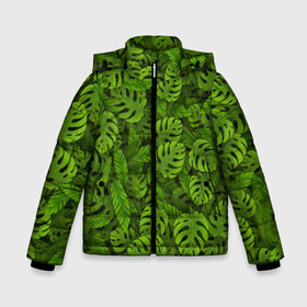 Зимняя куртка для мальчиков 3D с принтом Тропические листья в Белгороде, ткань верха — 100% полиэстер; подклад — 100% полиэстер, утеплитель — 100% полиэстер | длина ниже бедра, удлиненная спинка, воротник стойка и отстегивающийся капюшон. Есть боковые карманы с листочкой на кнопках, утяжки по низу изделия и внутренний карман на молнии. 

Предусмотрены светоотражающий принт на спинке, радужный светоотражающий элемент на пуллере молнии и на резинке для утяжки | джунгли | монстера | пальма | растения | тропики
