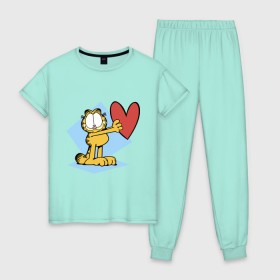 Женская пижама хлопок с принтом Гарфилд в Белгороде, 100% хлопок | брюки и футболка прямого кроя, без карманов, на брюках мягкая резинка на поясе и по низу штанин | гарфилд | знак | кот | мультфильм
