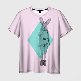 Мужская футболка 3D с принтом Pink Rabbit в Белгороде, 100% полиэфир | прямой крой, круглый вырез горловины, длина до линии бедер | Тематика изображения на принте: hipster | rabbit | swag | кролик | хипстер