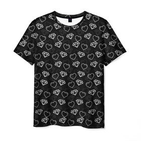 Мужская футболка 3D с принтом Сердца и Алмазы в Белгороде, 100% полиэфир | прямой крой, круглый вырез горловины, длина до линии бедер | бриллианты | паттерн | сердечки | черный фон