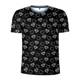 Мужская футболка 3D спортивная с принтом Сердца и Алмазы в Белгороде, 100% полиэстер с улучшенными характеристиками | приталенный силуэт, круглая горловина, широкие плечи, сужается к линии бедра | бриллианты | паттерн | сердечки | черный фон