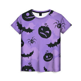 Женская футболка 3D с принтом Хэллоуин узор в Белгороде, 100% полиэфир ( синтетическое хлопкоподобное полотно) | прямой крой, круглый вырез горловины, длина до линии бедер | halloween | летучая мышь | паук | праздник | привидение | тыква | хэллоуин