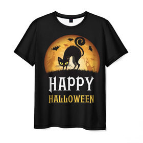 Мужская футболка 3D с принтом Чёрный кот в Белгороде, 100% полиэфир | прямой крой, круглый вырез горловины, длина до линии бедер | halloween | ведьма | кошка | праздник | привидение | тыква | хэллоуин