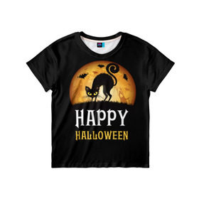Детская футболка 3D с принтом Чёрный кот в Белгороде, 100% гипоаллергенный полиэфир | прямой крой, круглый вырез горловины, длина до линии бедер, чуть спущенное плечо, ткань немного тянется | halloween | ведьма | кошка | праздник | привидение | тыква | хэллоуин