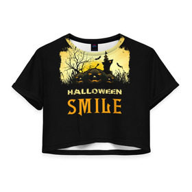 Женская футболка 3D укороченная с принтом Smile в Белгороде, 100% полиэстер | круглая горловина, длина футболки до линии талии, рукава с отворотами | halloween | замок | летучая мышь | луна | праздник | привидение | тыква | хэллоуин