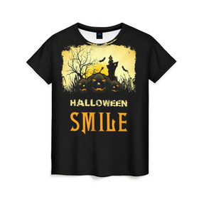 Женская футболка 3D с принтом Smile в Белгороде, 100% полиэфир ( синтетическое хлопкоподобное полотно) | прямой крой, круглый вырез горловины, длина до линии бедер | halloween | замок | летучая мышь | луна | праздник | привидение | тыква | хэллоуин