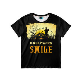 Детская футболка 3D с принтом Smile в Белгороде, 100% гипоаллергенный полиэфир | прямой крой, круглый вырез горловины, длина до линии бедер, чуть спущенное плечо, ткань немного тянется | halloween | замок | летучая мышь | луна | праздник | привидение | тыква | хэллоуин