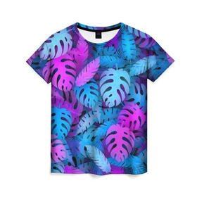Женская футболка 3D с принтом Сине-розовые тропики в Белгороде, 100% полиэфир ( синтетическое хлопкоподобное полотно) | прямой крой, круглый вырез горловины, длина до линии бедер | Тематика изображения на принте: джунгли | листья | монстера | пальма | психоделический | текстура | тропики