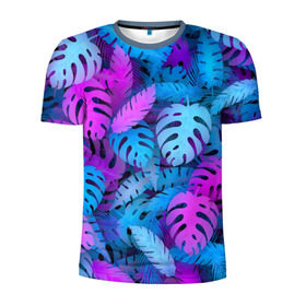 Мужская футболка 3D спортивная с принтом Сине-розовые тропики в Белгороде, 100% полиэстер с улучшенными характеристиками | приталенный силуэт, круглая горловина, широкие плечи, сужается к линии бедра | джунгли | листья | монстера | пальма | психоделический | текстура | тропики