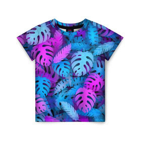 Детская футболка 3D с принтом Сине-розовые тропики в Белгороде, 100% гипоаллергенный полиэфир | прямой крой, круглый вырез горловины, длина до линии бедер, чуть спущенное плечо, ткань немного тянется | Тематика изображения на принте: джунгли | листья | монстера | пальма | психоделический | текстура | тропики