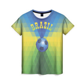 Женская футболка 3D с принтом Бразилия в Белгороде, 100% полиэфир ( синтетическое хлопкоподобное полотно) | прямой крой, круглый вырез горловины, длина до линии бедер | бразилия | геометрия | игра | кубок | мяч | полигональный | спорт | футбол