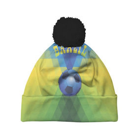 Шапка 3D c помпоном с принтом Бразилия в Белгороде, 100% полиэстер | универсальный размер, печать по всей поверхности изделия | бразилия | геометрия | игра | кубок | мяч | полигональный | спорт | футбол