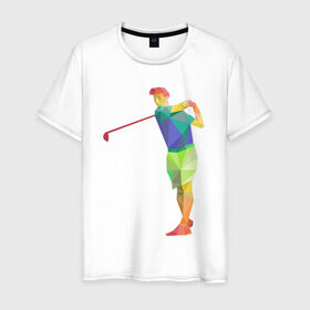 Мужская футболка хлопок с принтом Гольфист в Белгороде, 100% хлопок | прямой крой, круглый вырез горловины, длина до линии бедер, слегка спущенное плечо. | Тематика изображения на принте: геометрия | гольф | клюшка | мяч | полигонал
