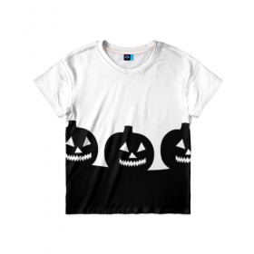 Детская футболка 3D с принтом Хэллоуин в Белгороде, 100% гипоаллергенный полиэфир | прямой крой, круглый вырез горловины, длина до линии бедер, чуть спущенное плечо, ткань немного тянется | монохромный | силуэт | тыквы