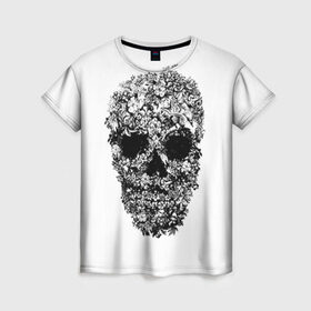 Женская футболка 3D с принтом Череп в Белгороде, 100% полиэфир ( синтетическое хлопкоподобное полотно) | прямой крой, круглый вырез горловины, длина до линии бедер | скелет. скилет | ужас | хеллоуин | череп. кости | черепушка | черно белый