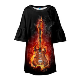 Детское платье 3D с принтом Адская гитара в Белгороде, 100% полиэстер | прямой силуэт, чуть расширенный к низу. Круглая горловина, на рукавах — воланы | Тематика изображения на принте: ад | арт | дым | музыка | новинки | огонь | пламя | популярные | энергия | яркие