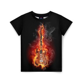 Детская футболка 3D с принтом Адская гитара в Белгороде, 100% гипоаллергенный полиэфир | прямой крой, круглый вырез горловины, длина до линии бедер, чуть спущенное плечо, ткань немного тянется | Тематика изображения на принте: ад | арт | дым | музыка | новинки | огонь | пламя | популярные | энергия | яркие
