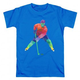 Мужская футболка хлопок с принтом Хоккеист в Белгороде, 100% хлопок | прямой крой, круглый вырез горловины, длина до линии бедер, слегка спущенное плечо. | геометрия | клюшка | полигонал | хл | хоккеист | шайба