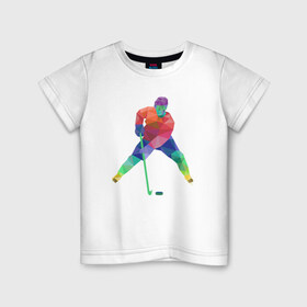 Детская футболка хлопок с принтом Хоккеист в Белгороде, 100% хлопок | круглый вырез горловины, полуприлегающий силуэт, длина до линии бедер | геометрия | клюшка | полигонал | хл | хоккеист | шайба