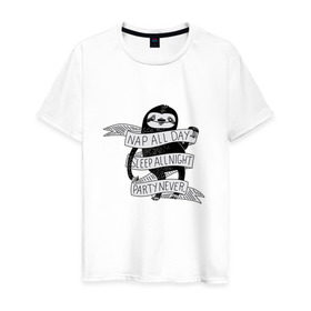 Мужская футболка хлопок с принтом ленивец в Белгороде, 100% хлопок | прямой крой, круглый вырез горловины, длина до линии бедер, слегка спущенное плечо. | ленивец | лень | сон