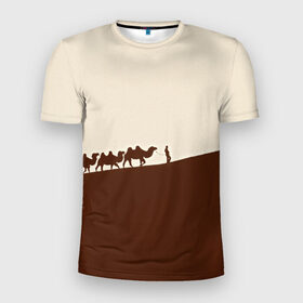 Мужская футболка 3D спортивная с принтом Пустыня в Белгороде, 100% полиэстер с улучшенными характеристиками | приталенный силуэт, круглая горловина, широкие плечи, сужается к линии бедра | верблюды | коричневый