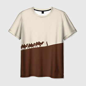 Мужская футболка 3D с принтом Пустыня в Белгороде, 100% полиэфир | прямой крой, круглый вырез горловины, длина до линии бедер | Тематика изображения на принте: верблюды | коричневый