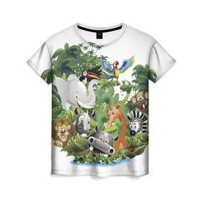 Женская футболка 3D с принтом Веселые джунгли в Белгороде, 100% полиэфир ( синтетическое хлопкоподобное полотно) | прямой крой, круглый вырез горловины, длина до линии бедер | животные | зоо | новинки | пальма | парк | яркие