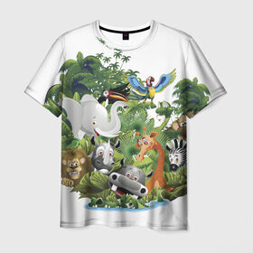 Мужская футболка 3D с принтом Веселые джунгли в Белгороде, 100% полиэфир | прямой крой, круглый вырез горловины, длина до линии бедер | животные | зоо | новинки | пальма | парк | яркие
