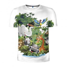 Мужская футболка 3D спортивная с принтом Веселые джунгли в Белгороде, 100% полиэстер с улучшенными характеристиками | приталенный силуэт, круглая горловина, широкие плечи, сужается к линии бедра | животные | зоо | новинки | пальма | парк | яркие