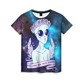 Женская футболка 3D с принтом cute alien в Белгороде, 100% полиэфир ( синтетическое хлопкоподобное полотно) | прямой крой, круглый вырез горловины, длина до линии бедер | alien. нло | cosmos | cute | sky | tmblr | tumbler | инопланетянин | космос | мило