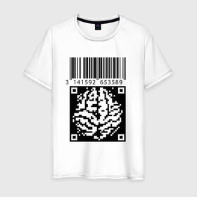 Мужская футболка хлопок с принтом QR brain code в Белгороде, 100% хлопок | прямой крой, круглый вырез горловины, длина до линии бедер, слегка спущенное плечо. | code | qr | математика | пи | штрихкод
